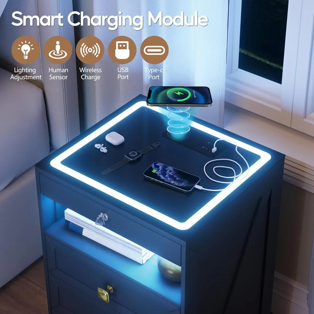 Smart Nightstand with Lockable Gun Drawer,Farmhouse Bedside Table with Charging Station and 3 LED Lights, Modern Night Stand