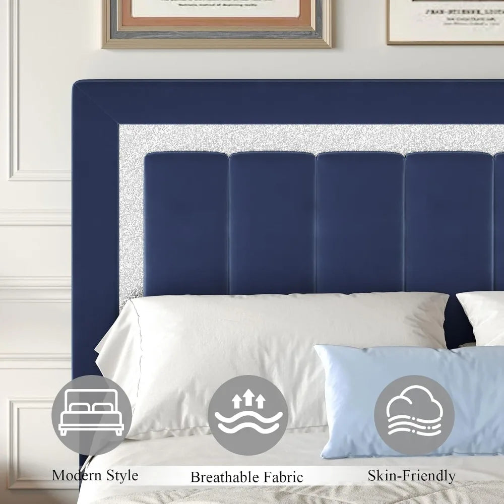 Queen Bed Frame with Headboard and Footboard and Footboard, Velvet Upholstered Platform Bed Frame with Diamond Design, No Box Sp