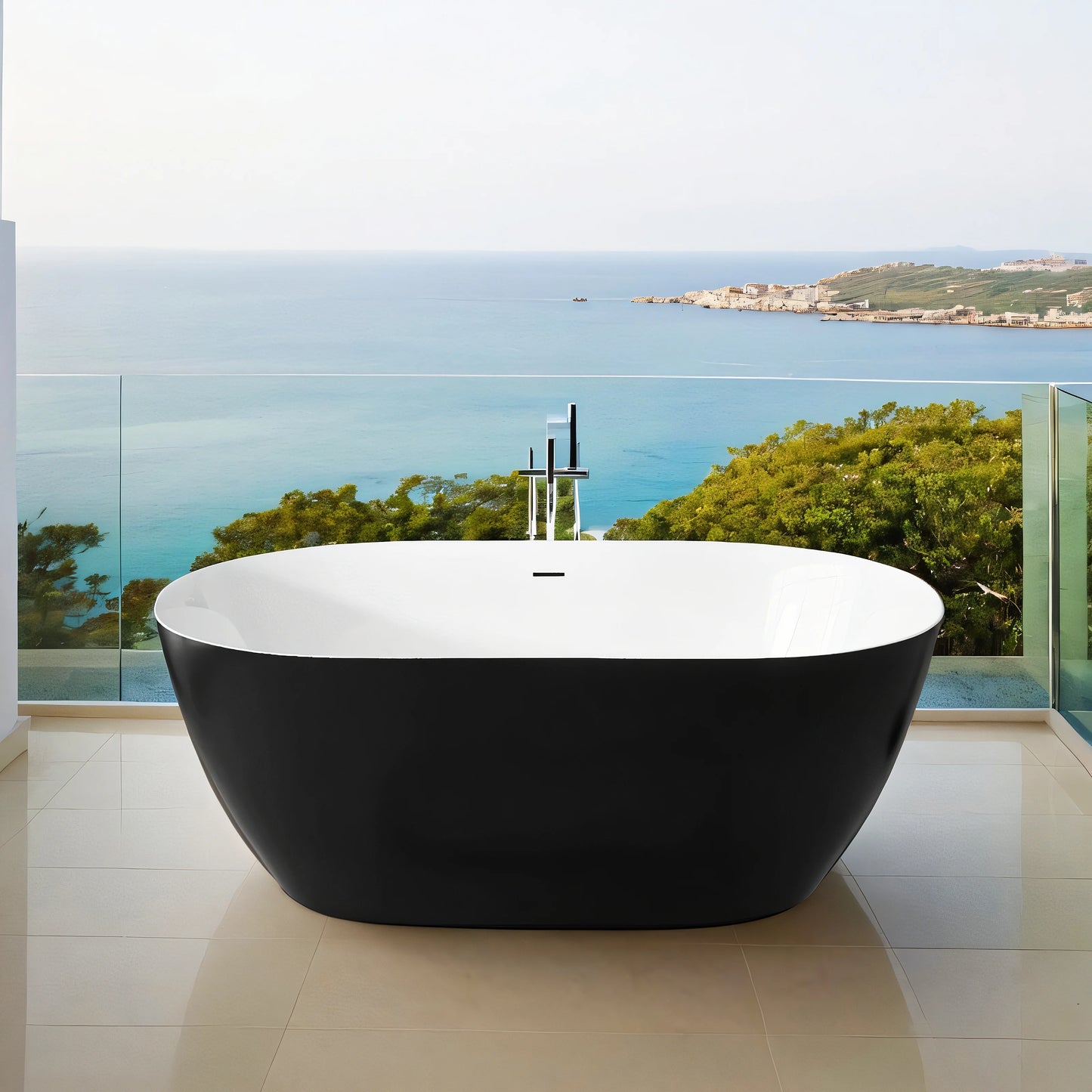 59" Acrylic Free Standing Tub Classic Oval Shape Soaking Tub Adjustable Freestanding Bathtub with Integrated Slotted Overflow an