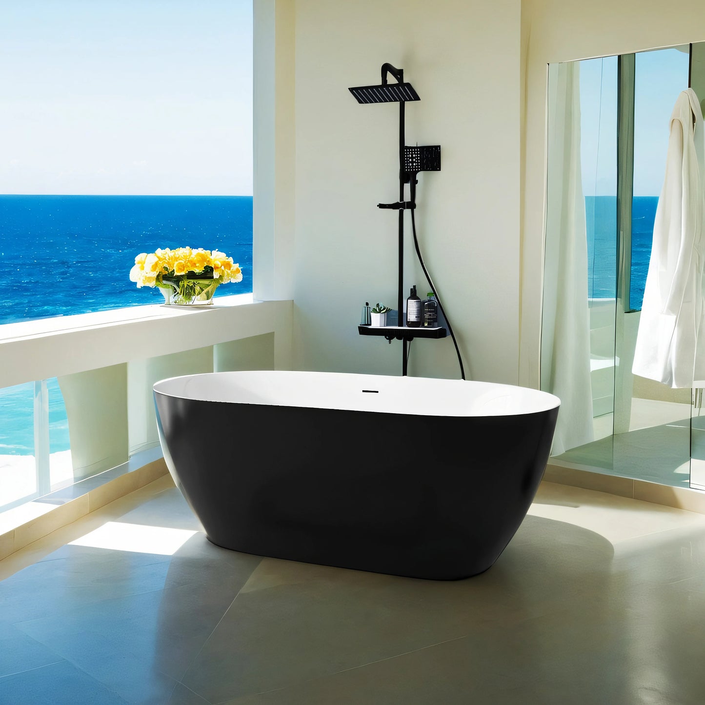 59" Acrylic Free Standing Tub Classic Oval Shape Soaking Tub Adjustable Freestanding Bathtub with Integrated Slotted Overflow an