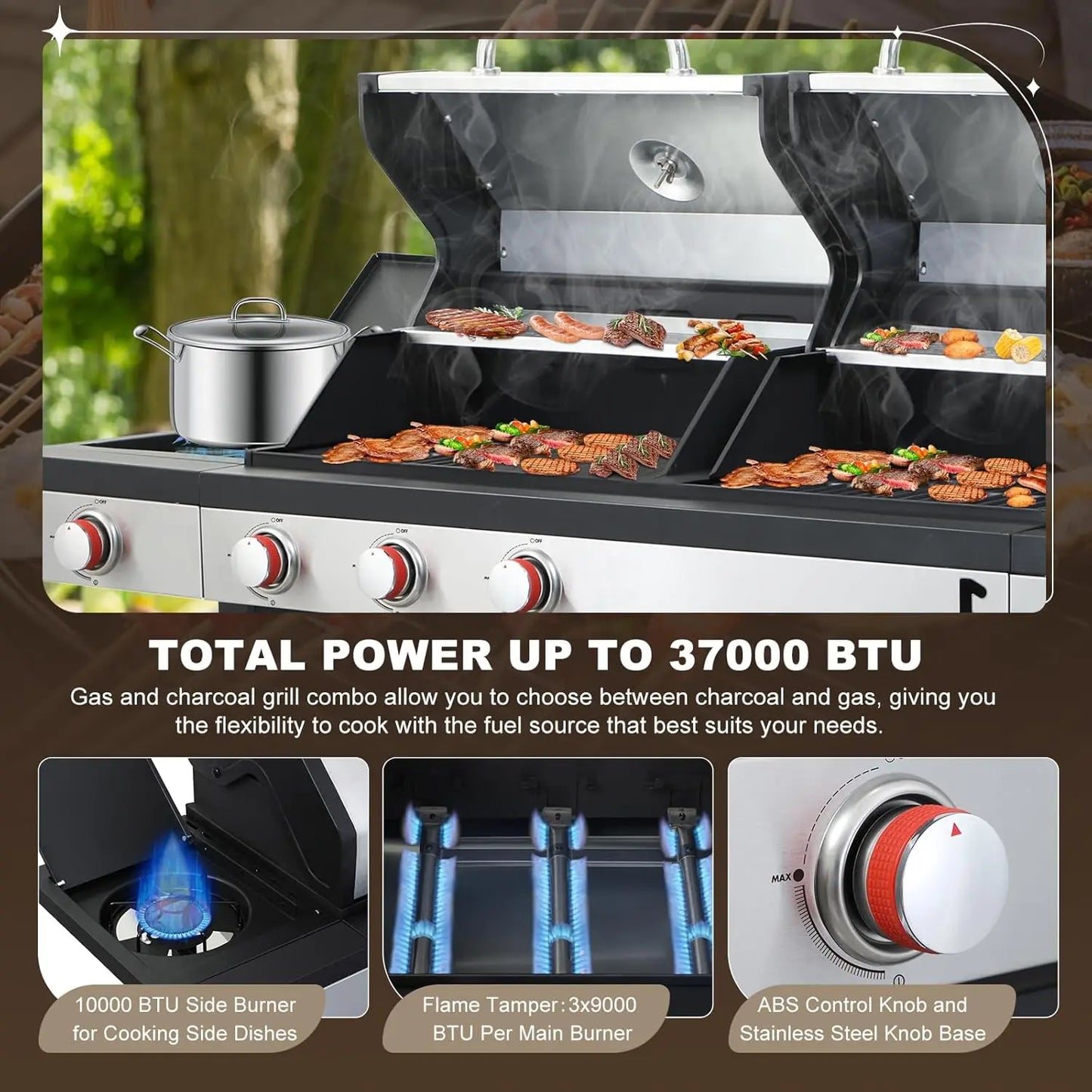Gas and Charcoal Combo Grill with Side Burner, 37,230 BTU Outdoor BBQ Grill with Porcelain-Enameled