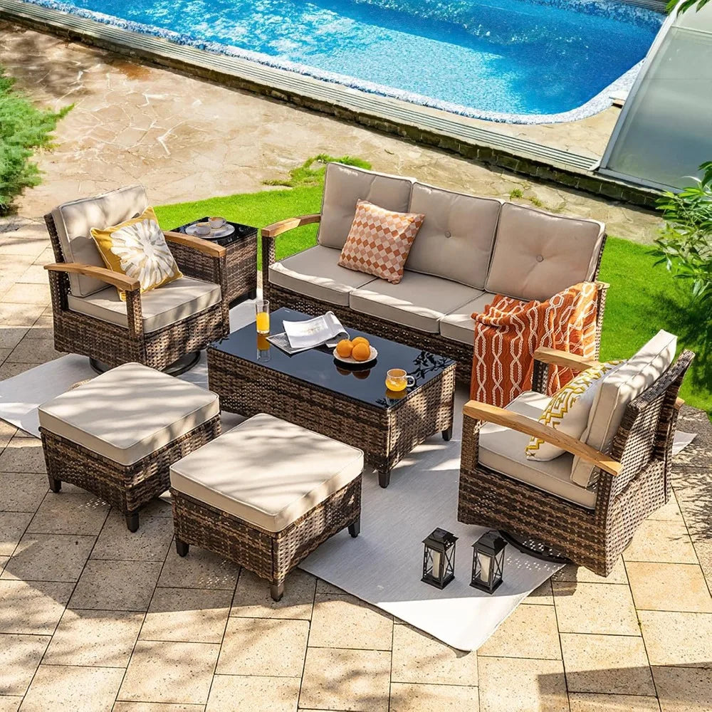 7 Pieces Patio Furniture Sets,PE Wicker Outdoor Furniture Conversation Sets with 2 Wood Armrests Swivel Rocker Chairs