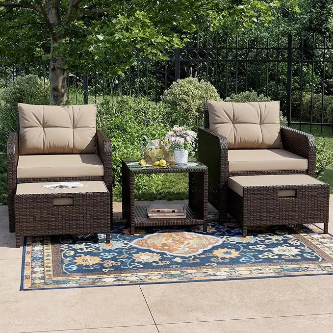 Outdoor Patio Wicker 5-Piece Furniture Set, No Assembly Required All-Weather Rattan Conversation Bistro & Storage Table for Gard