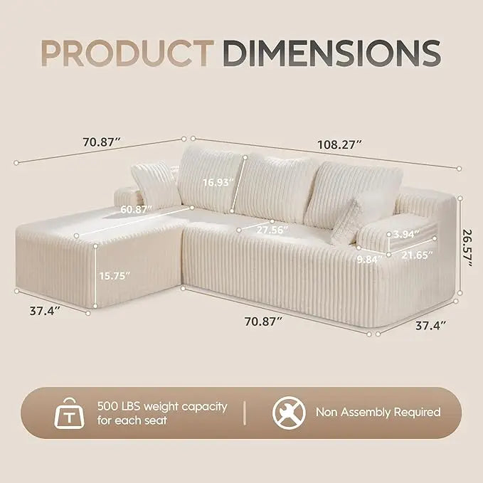 Modular Sectional Sofa Couches 108" L-Shape Couch 3 Seat Modular Sofa Memory Foam Sectional Couches for Living Room
