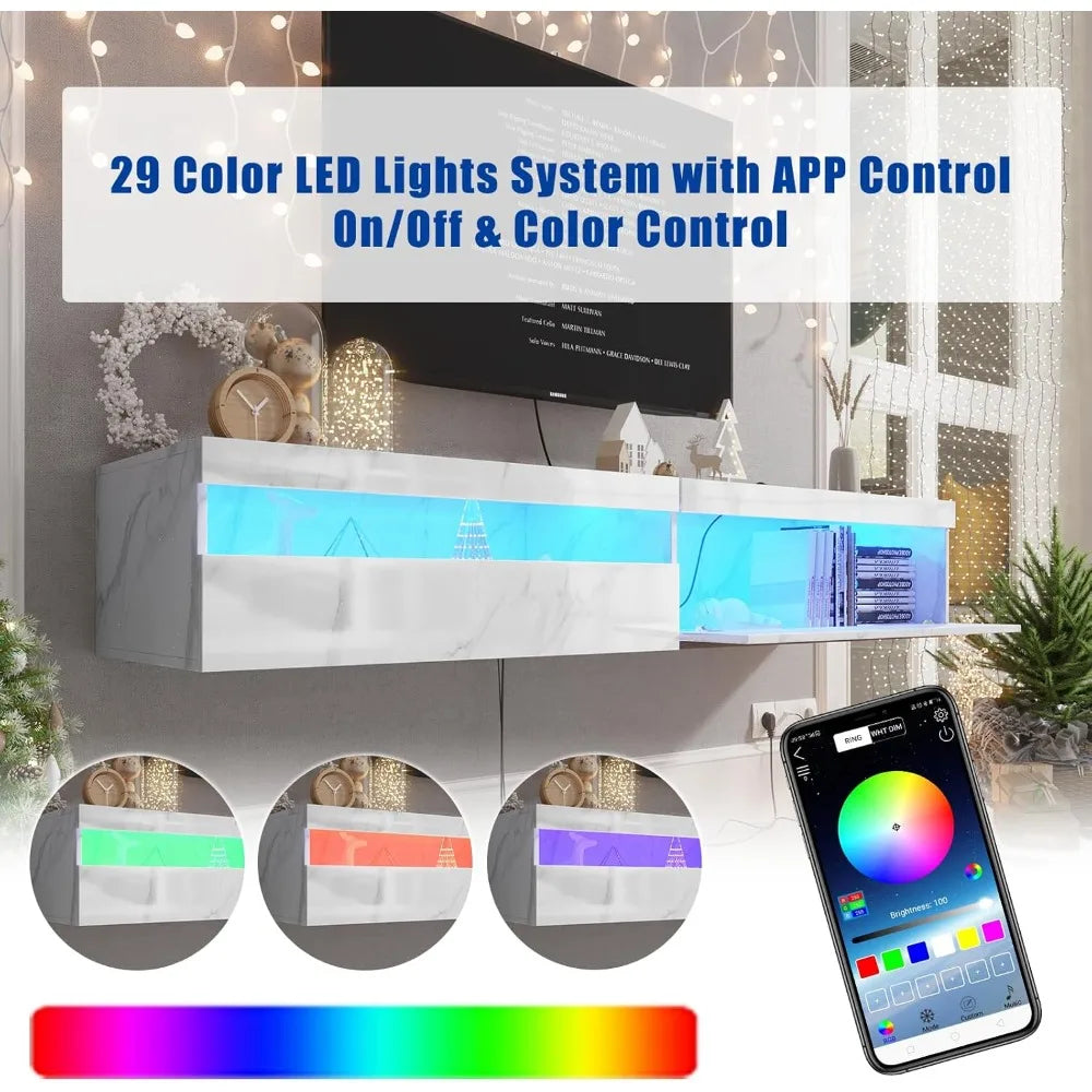 Floating Tv Stand With Led Lights, 71 Inch Wall Mounted Tv Shelf With Power Outlet, Modern Entertainment Center Media Console Wi