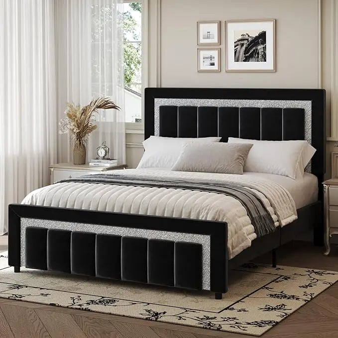 Queen Bed Frame with Headboard and Footboard and Footboard, Velvet Upholstered Platform Bed Frame with Diamond Design, No Box Sp