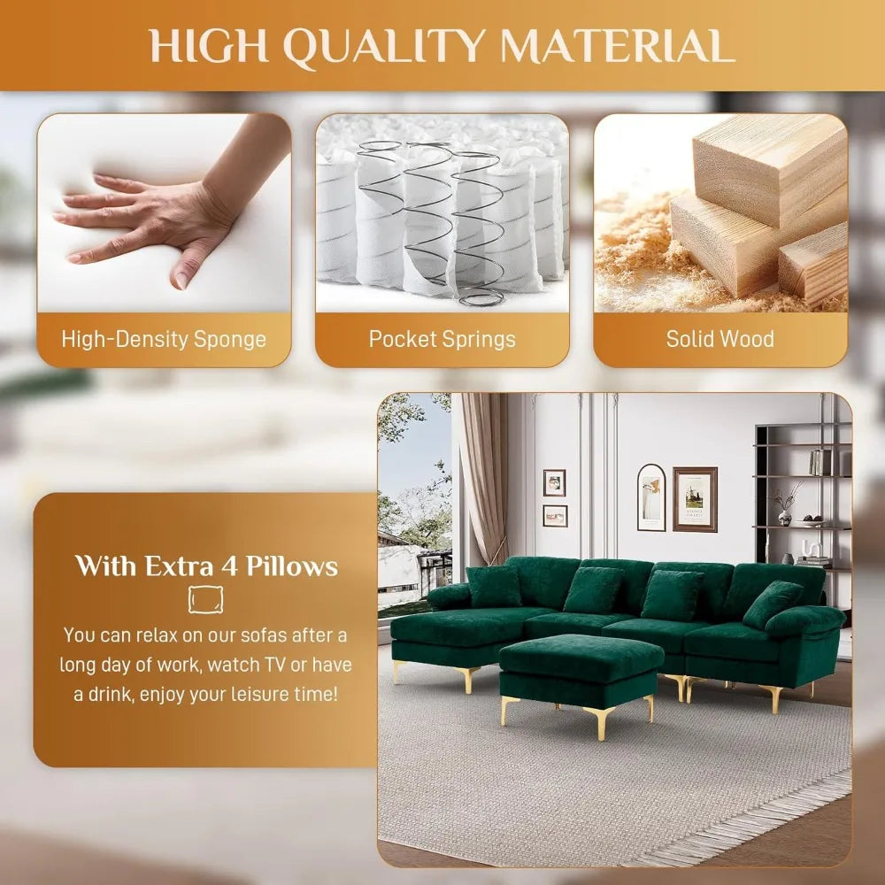 U Shaped Sectional Sofa Couch, 114" Convertible L Shaped Sofa with Chaise Lounge & Ottoman, Modern Oversized Modular