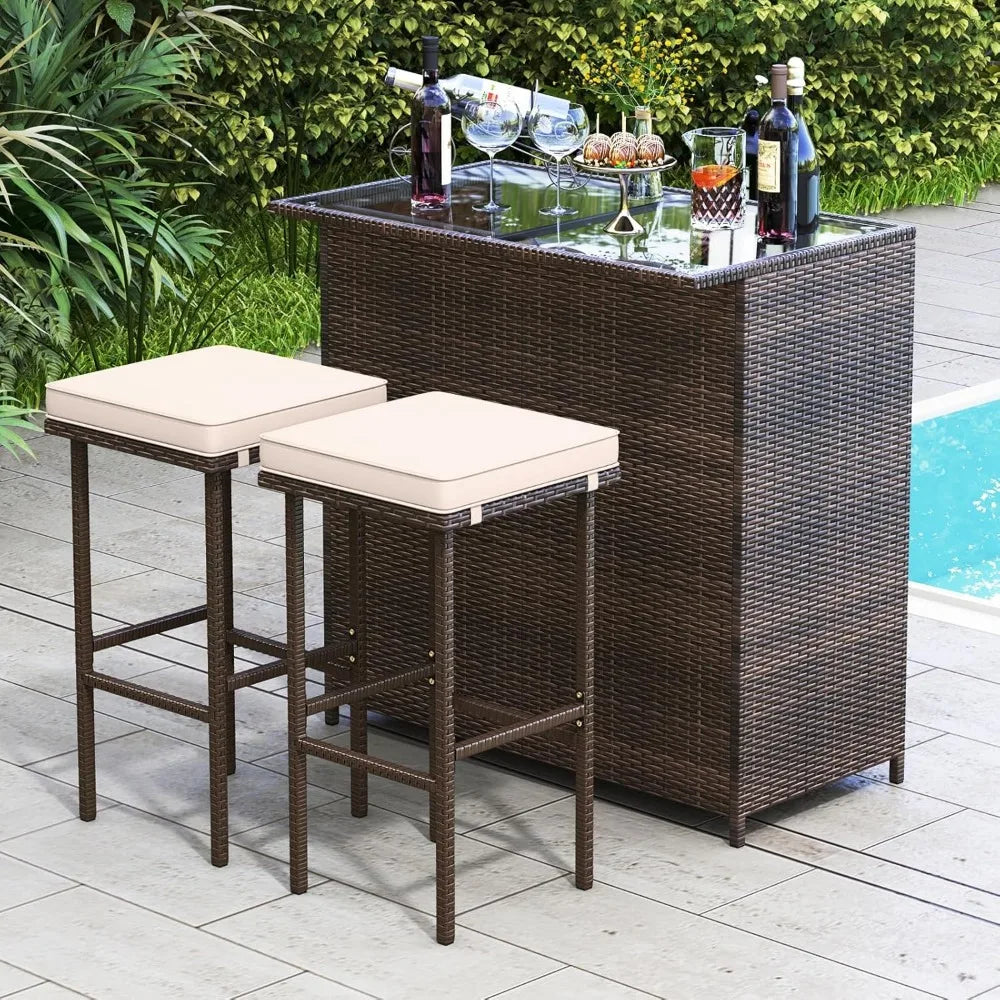 3 Piece Patio Bar Set, Outdoor Rattan Bar Table and 2 Stools with Tempered Glass Tabletop, 2-Tier Storage, Removable Cushions,