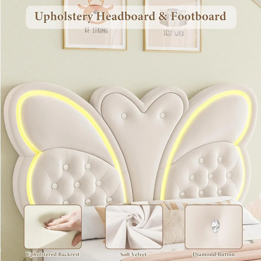Twin Bed Frame ButterflyPattern Upholstered Headboard Modern Floating Bed with LED Lights Button Tufted on Headboard and Footbo
