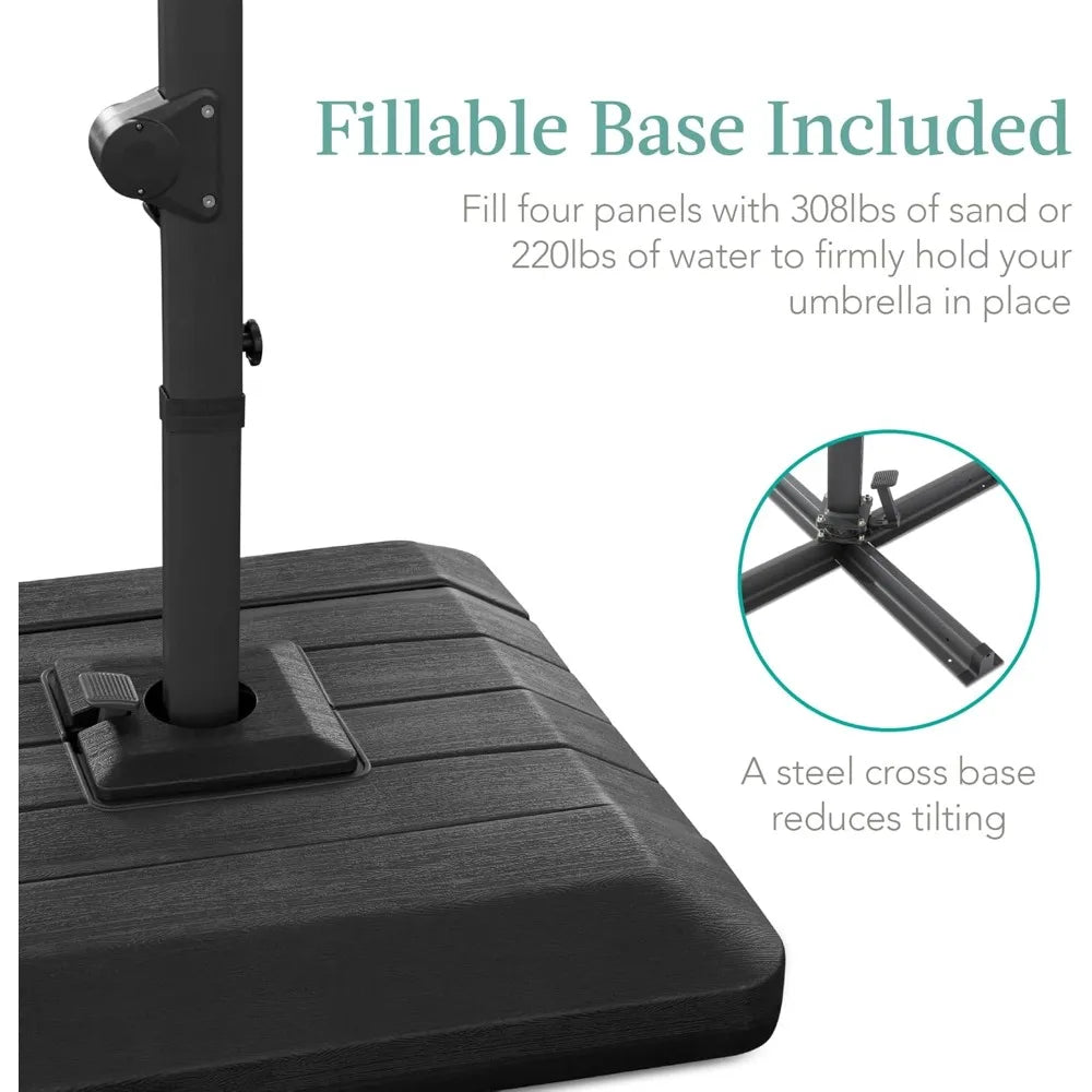 10x10ft Cantilever Patio Umbrella, w/Base Included, Solar LED Lights 360 Rotation Large Offset Hanging Outdoor Shade w/Stand