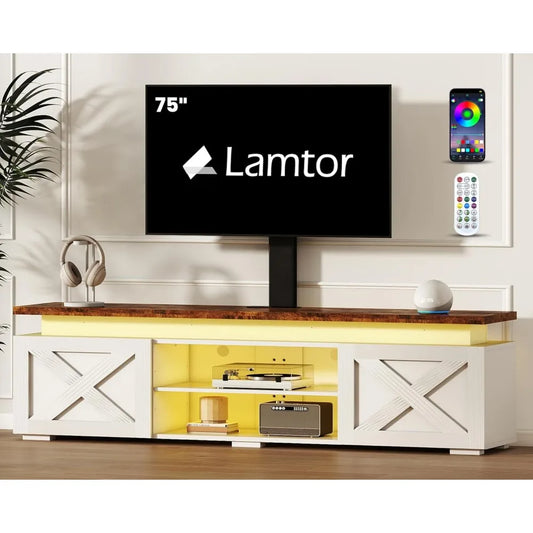 Farmhouse TV-Stand with Mount - 75 inch TV Stand with Led Light and Power Outlet, Entertainment Center Mount with 3 Height Adjus