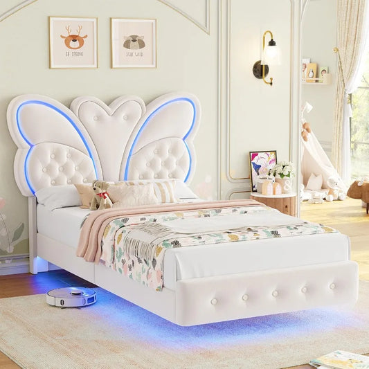 Twin Bed Frame ButterflyPattern Upholstered Headboard Modern Floating Bed with LED Lights Button Tufted on Headboard and Footbo