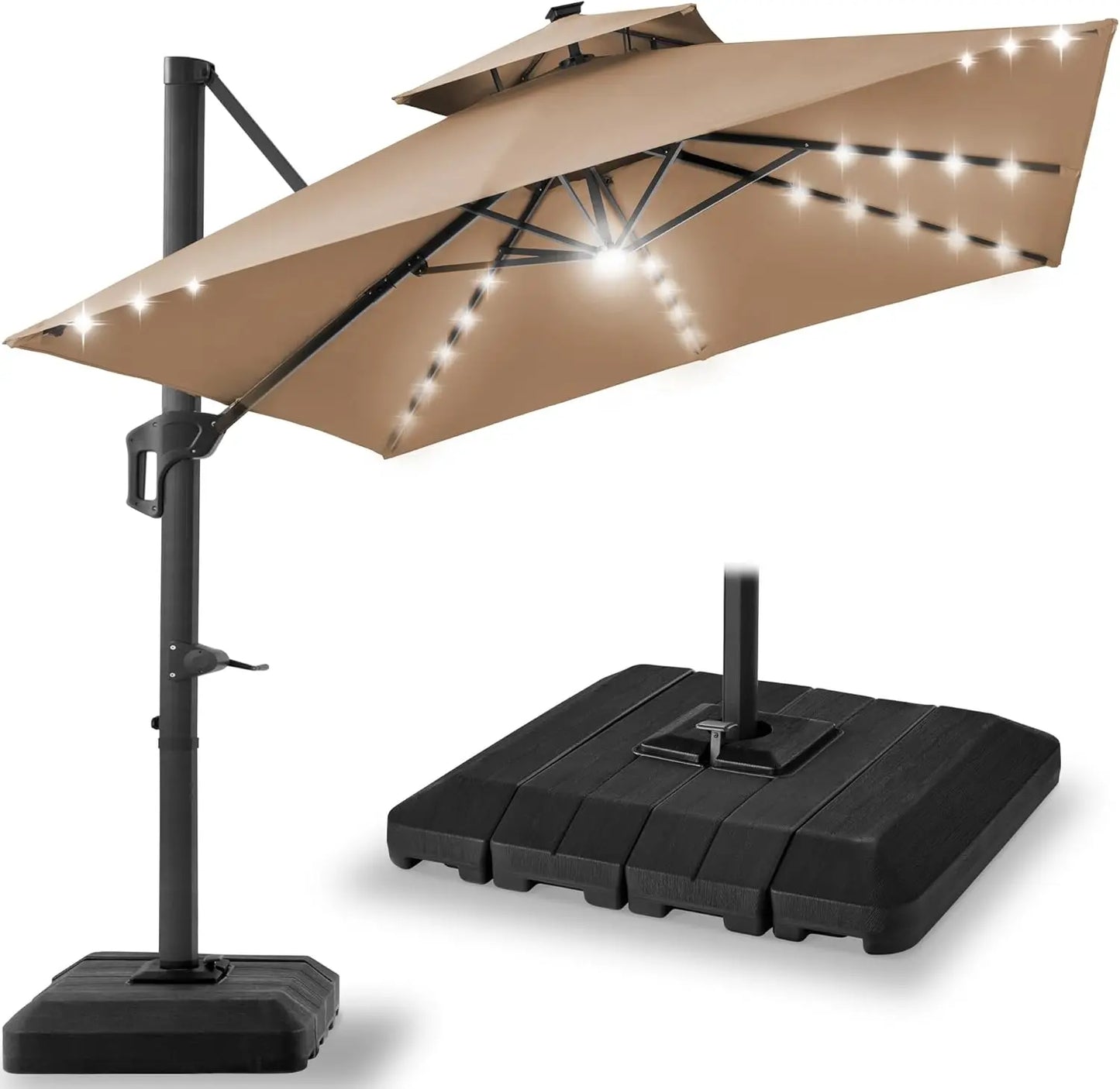 10x10ft Cantilever Patio Umbrella, w/Base Included, Solar LED Lights 360 Rotation Large Offset Hanging Outdoor Shade w/Stand