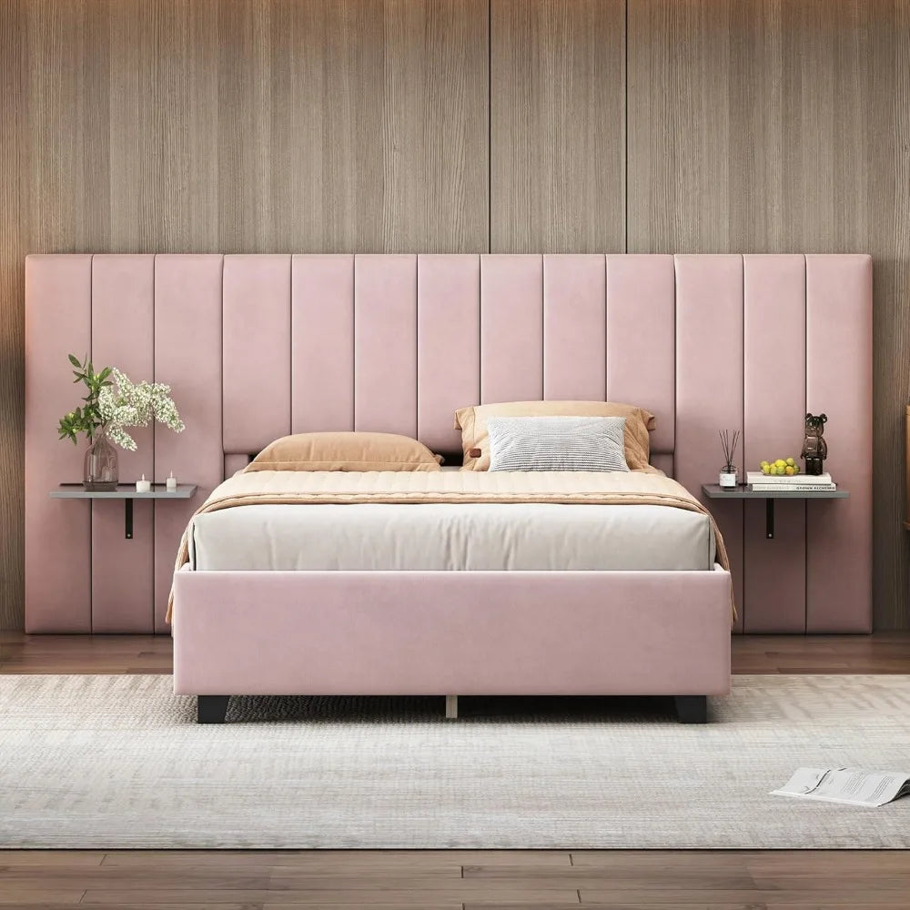 Luxury Bed Frame with Tall Headboard, Tall Upholstered Bed Frame Queen with Integrated Bedside Shelves, Modern Bed Frame & Soft