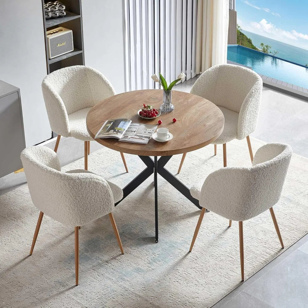 5 Pieces Dining Table Set for 4, 37-Inch Dia Round Home Kitchen Dinner Table with Thick Tabletop, 4 Seated Upholstered Arm Chair