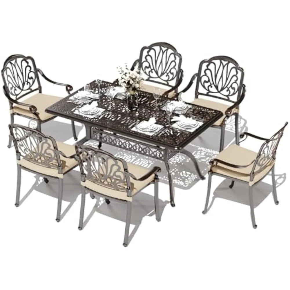 Outdoor Dining Set of 6, Retro Patio Dining Table Set with 6 Chairs, 59” Rectangular Table and Chair Set with Umbrella