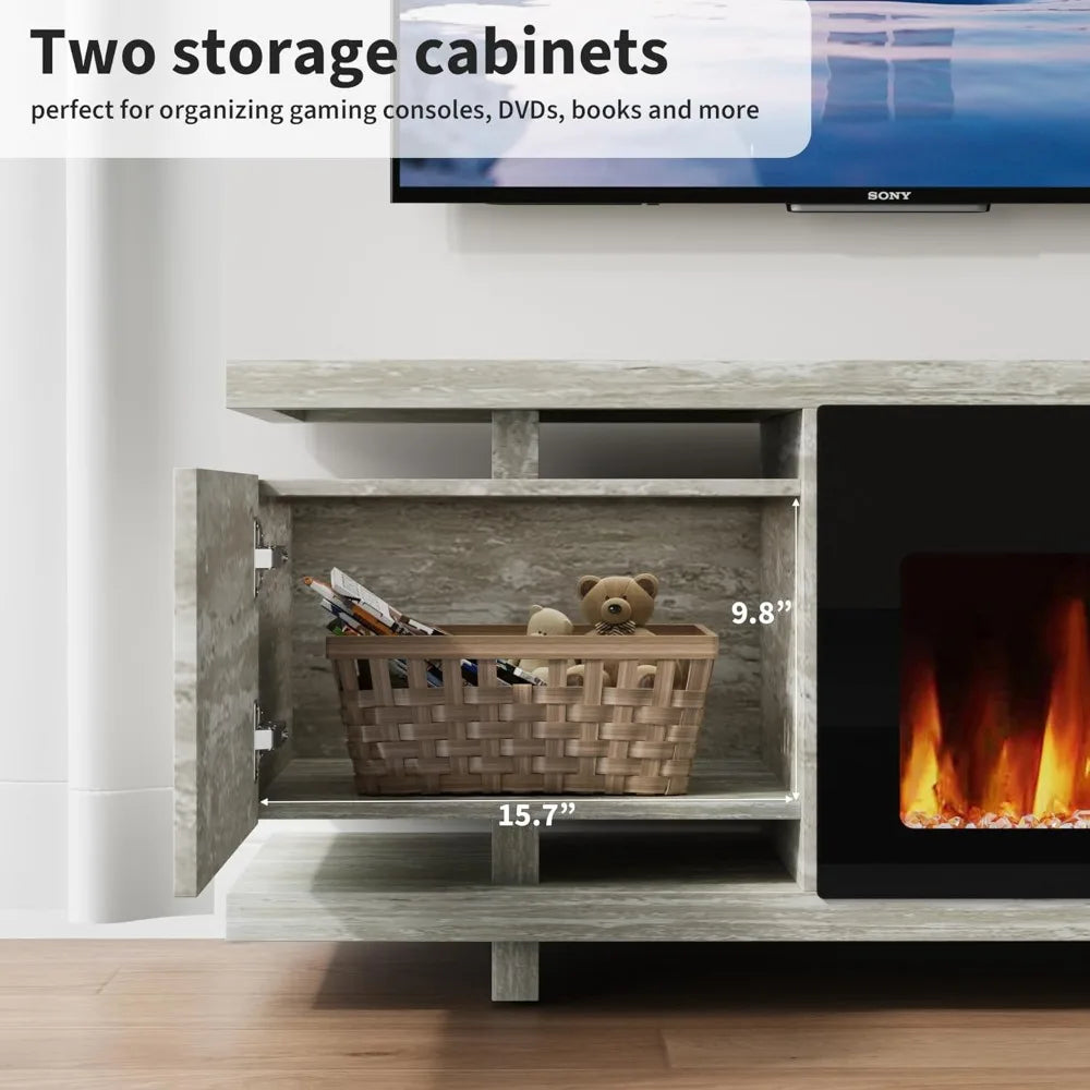 Fireplace TV Stand with 36" Electric Fireplace, LED Light Entertainment Center, TV Cabinet for TVs Up to 80", Modern Marble