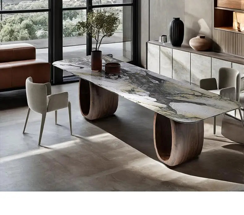 Luxury Natural Marble Dining Table, Rectangle Italian Modern Design with Walnut Wood, Customizable Designer Table for Villa