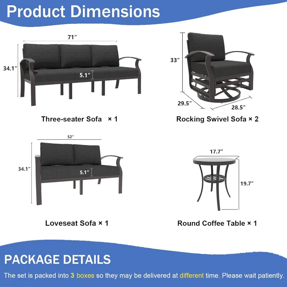 Aluminum Patio Furniture Set with 2 Swivel Chairs 7-seat Metal Outdoor Furniture Patio Sectional Sofas Patio Conversation Set w