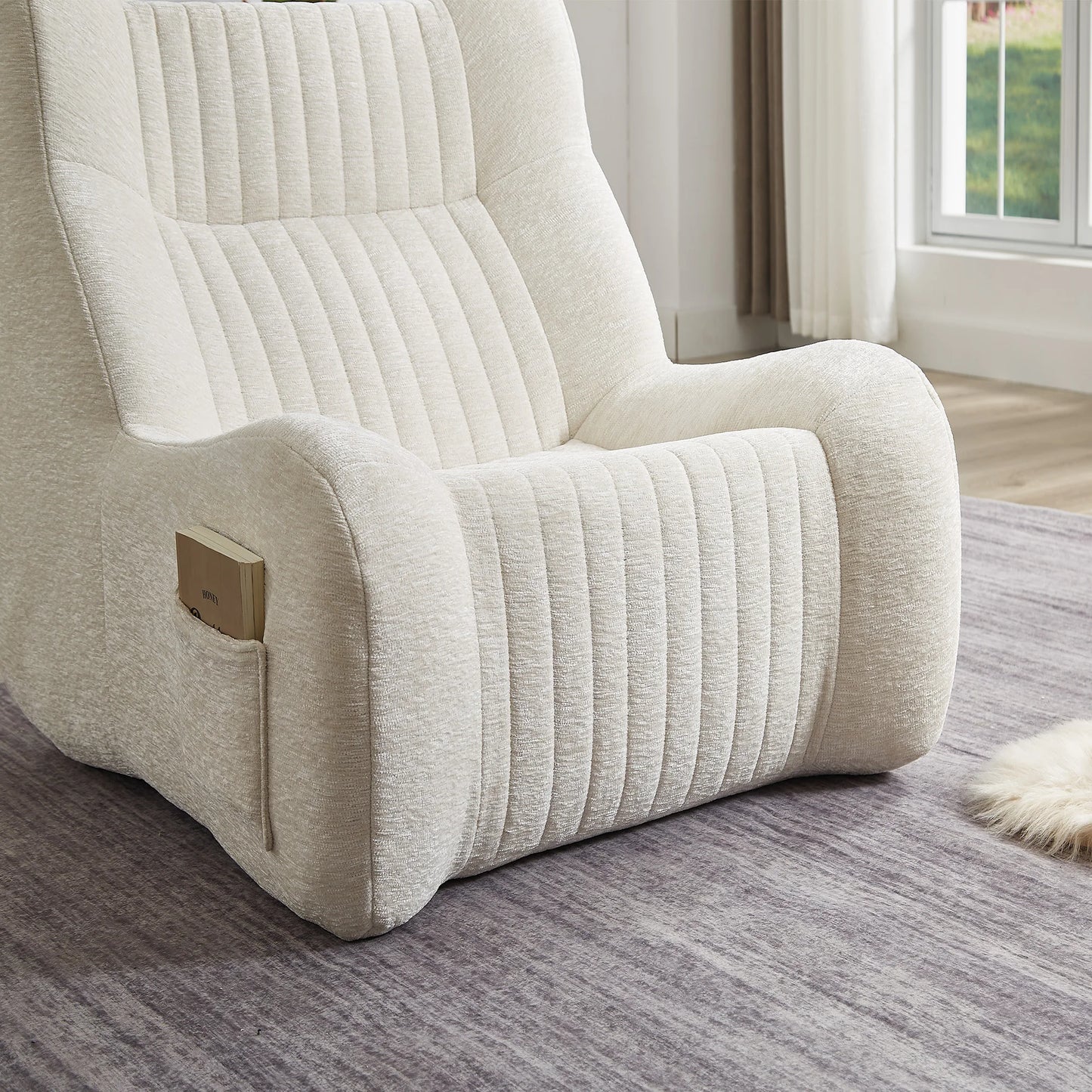 Adult with armrests, oversized beanbag chair, comfortable lazy sofa, living room, bedroom floor, leisure chair