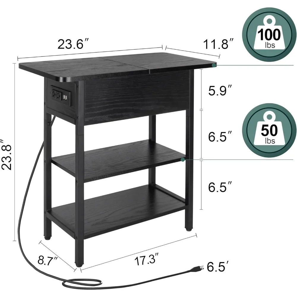 End Table w/Charging Station, Flip Top Side Table with USB Ports and Outlets, Narrow Nightstand with Storage Shelves,nightstands