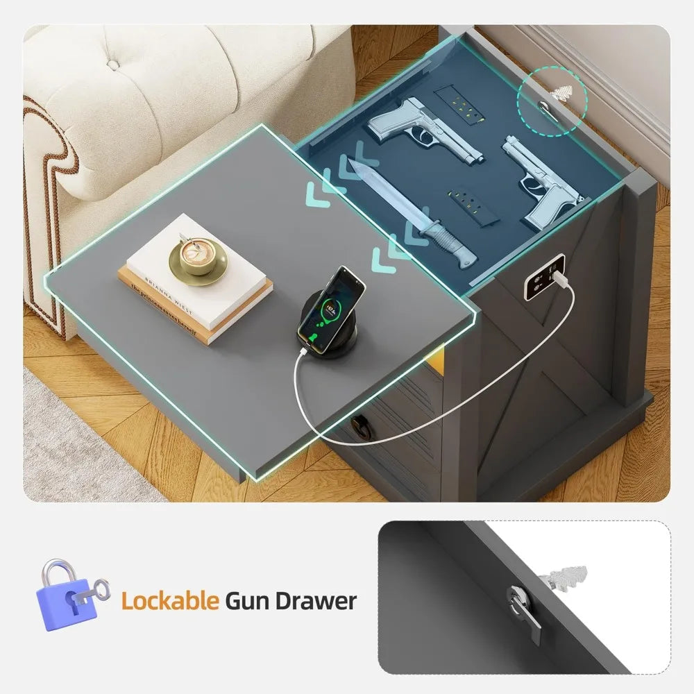 Lockable Gun Drawer Nightstand, 3-Color Dimmable LED End Table with Charging Port, Bedside Table with Human Sensor