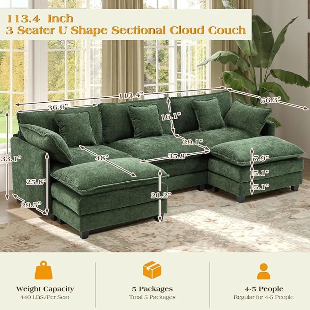 Luxury 113.4" U-Shaped Modular Sofa – 3-Seater Modern Chenille Sectional with Deep Seating, Comfy Living Room Couch