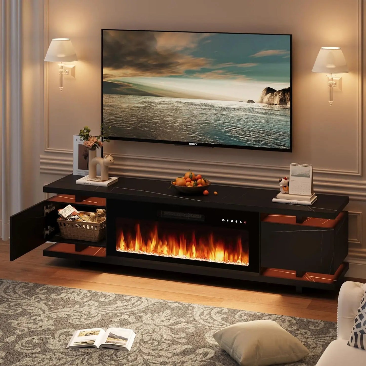 Fireplace TV Stand with 36" Electric Fireplace, LED Light Entertainment Center, TV Cabinet for TVs Up to 80", Modern Marble