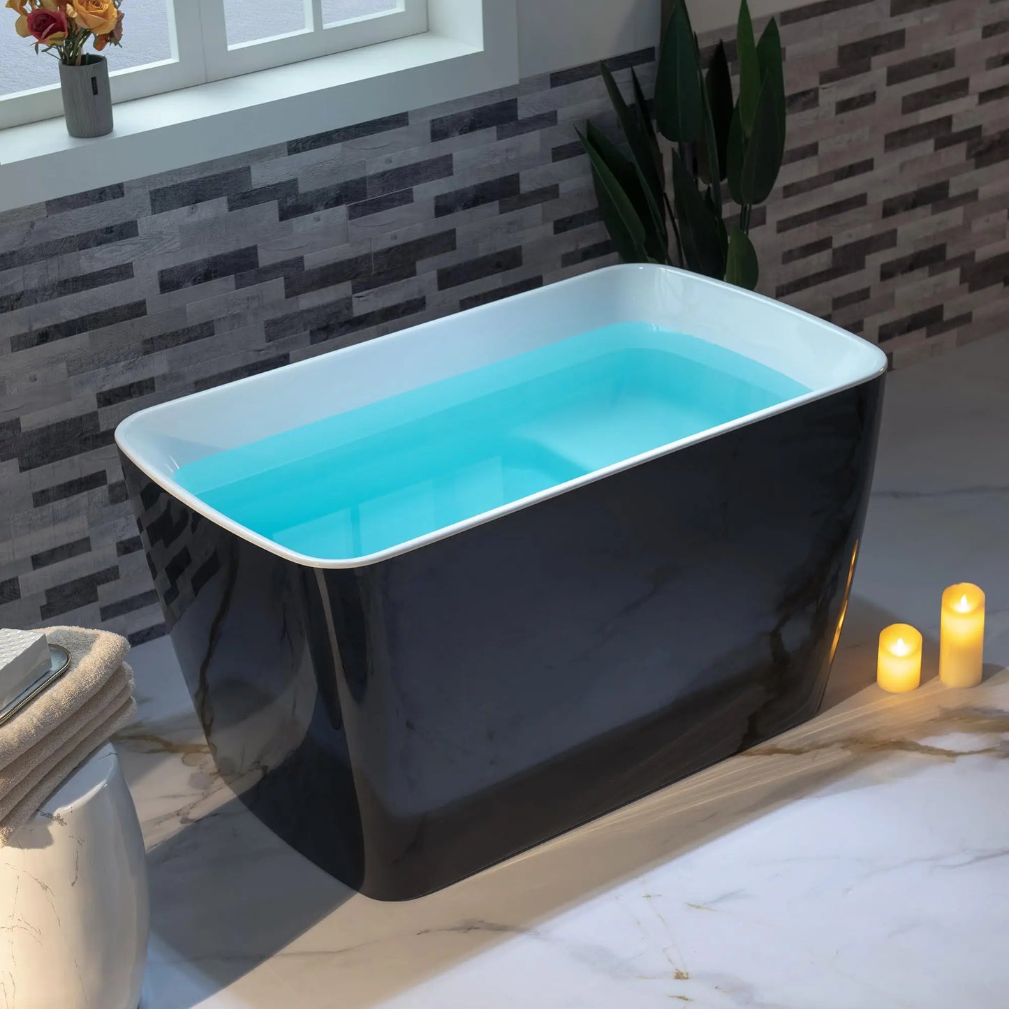 49'' Acrylic Freestanding Soaking Bathtub, Square-shape Japanese Soaking Hot Tub, Sit-In Design with Chrome Overflow