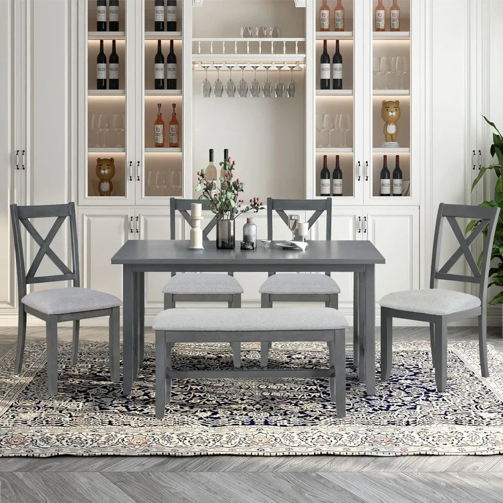 6 Pieces Dining Table Set, Wood Rectangle Table and 4 Chairs with Bench with Cushion, Kitchen Table Chairs Set