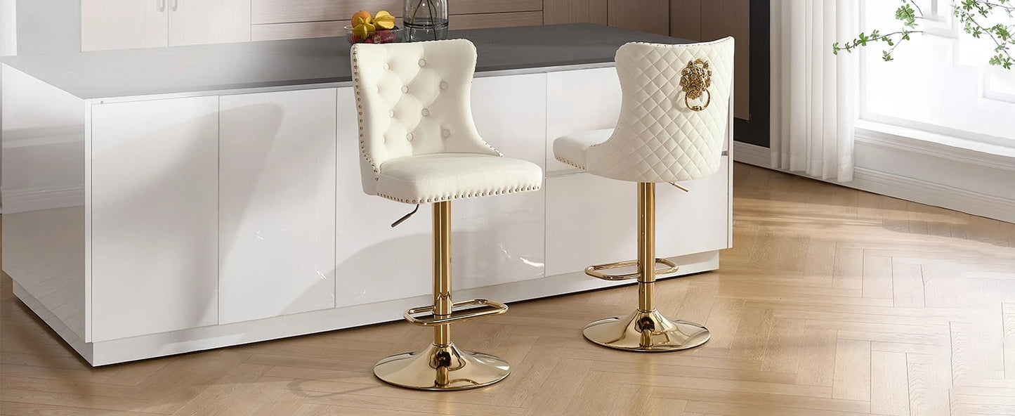 Gold Bar Stools Set of 6,  Velvet Tufted Barstools Upholstered Bar Height Chairs for Kitchen Island, Dining Room, Cafe, Cream