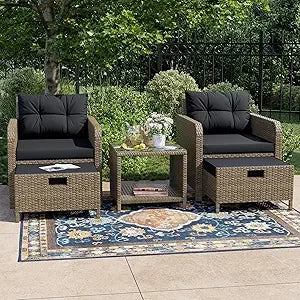 Outdoor Patio Wicker 5-Piece Furniture Set, No Assembly Required All-Weather Rattan Conversation Bistro & Storage Table for Gard
