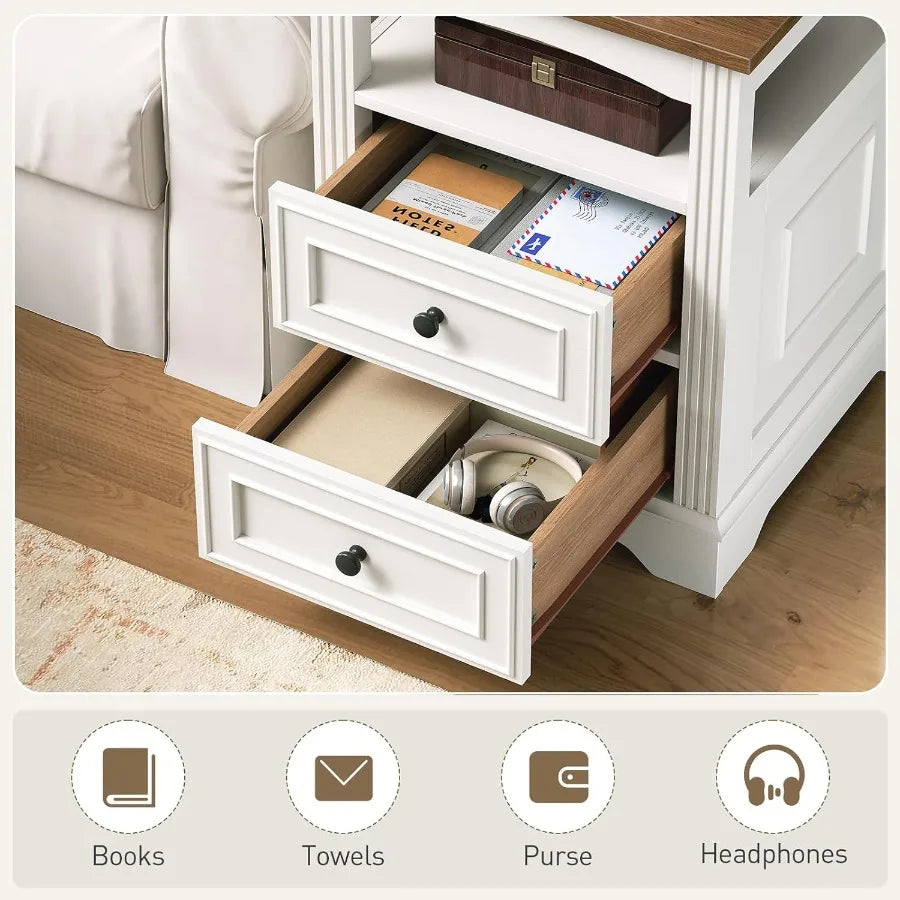 Large farmhousestyle end table with integrated charging station featuring drawers and open shelf for enhanced storage ideal for