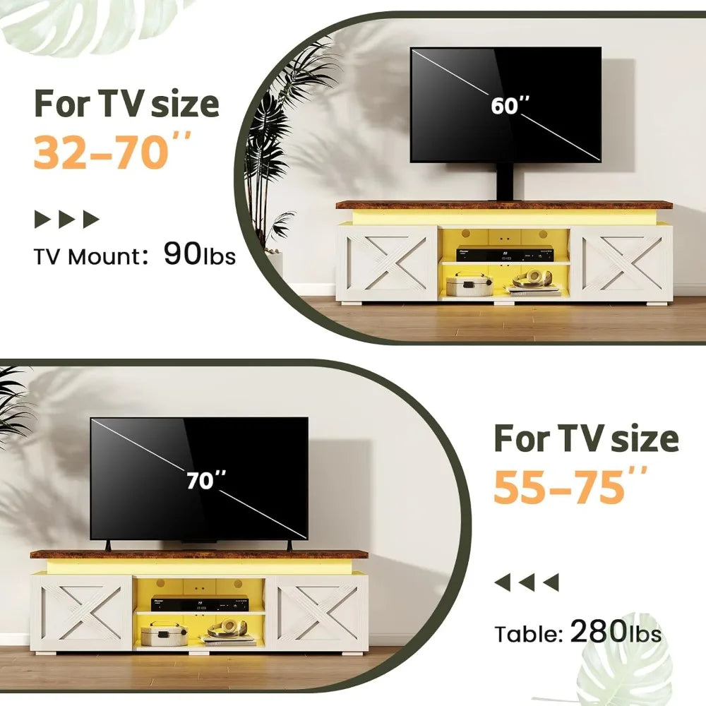 Farmhouse TV-Stand with Mount - 75 inch TV Stand with Led Light and Power Outlet, Entertainment Center Mount with 3 Height Adjus