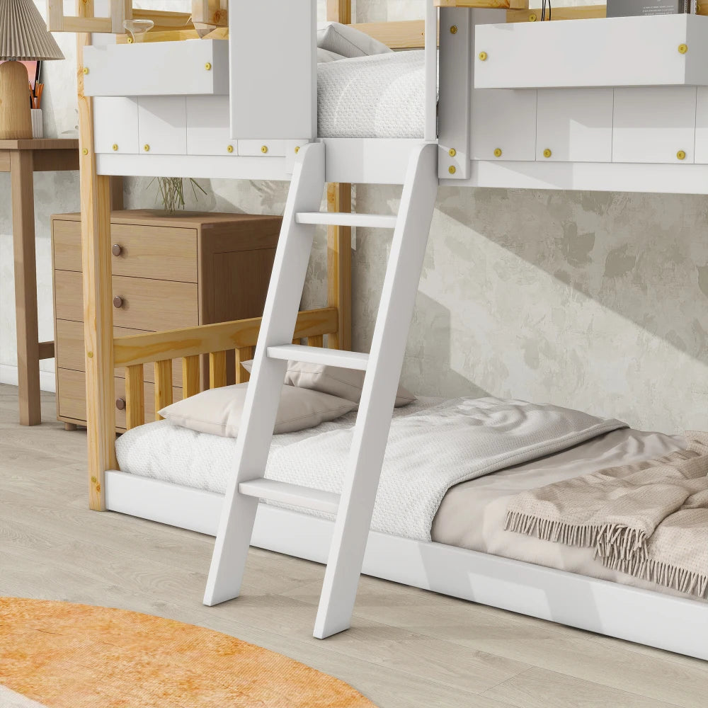 Twin over Twin House Bunk Bed with Roof , Window, Window  Box, Door , with Safety Guardrails and Ladder, Natural/White