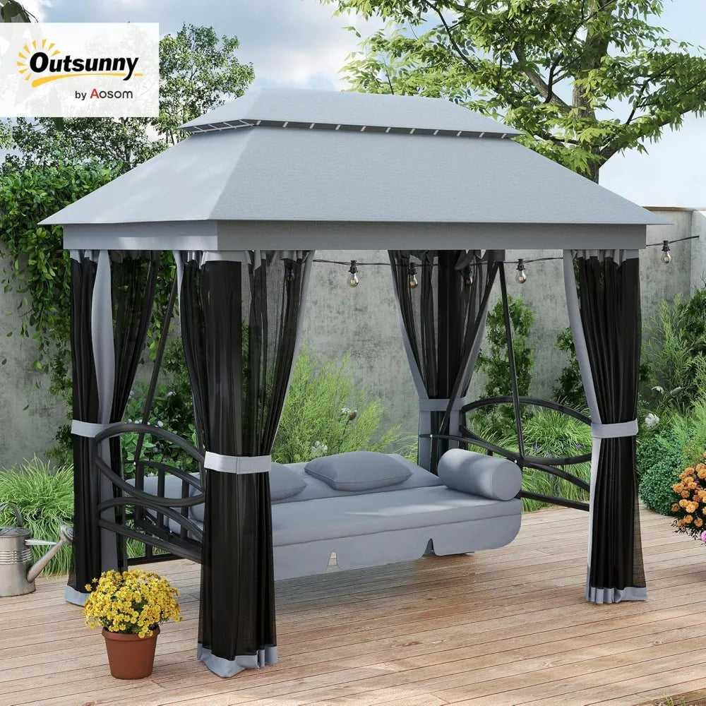 3-Seat Patio Swing Chair, Outdoor Gazebo Swing with Double Tier Canopy, Mesh Sidewalls, Cushioned Seat and Pillows, Gray
