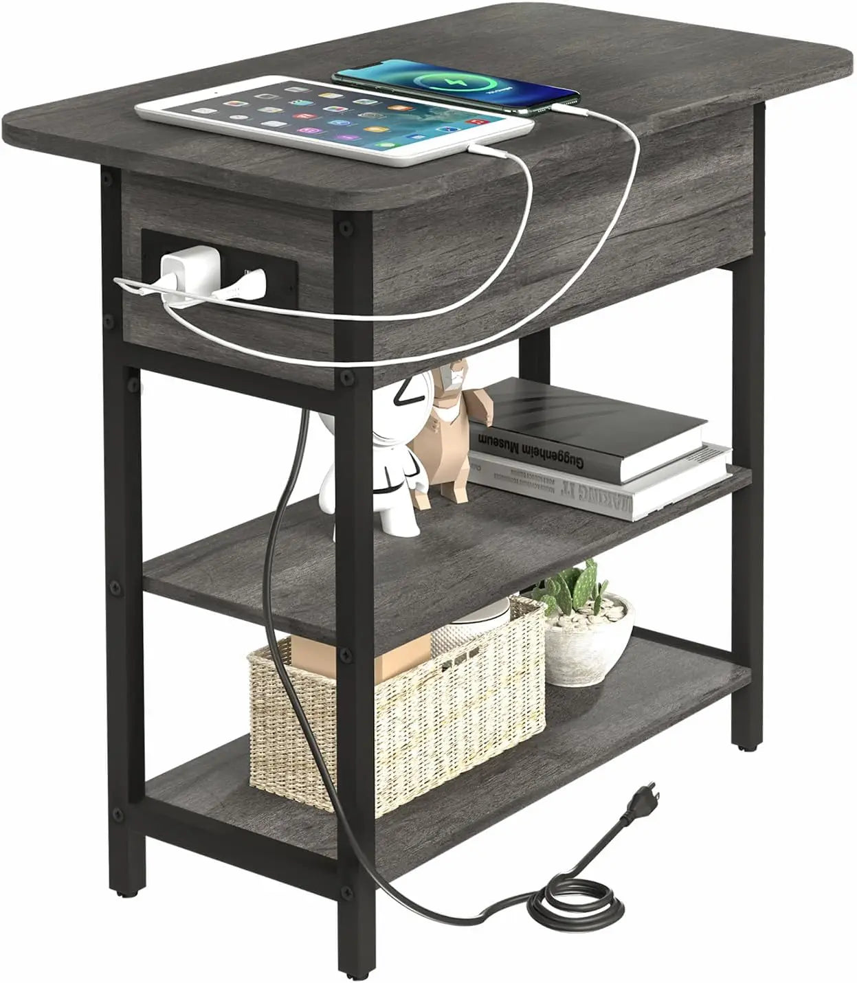 End Table w/Charging Station, Flip Top Side Table with USB Ports and Outlets, Narrow Nightstand with Storage Shelves,nightstands