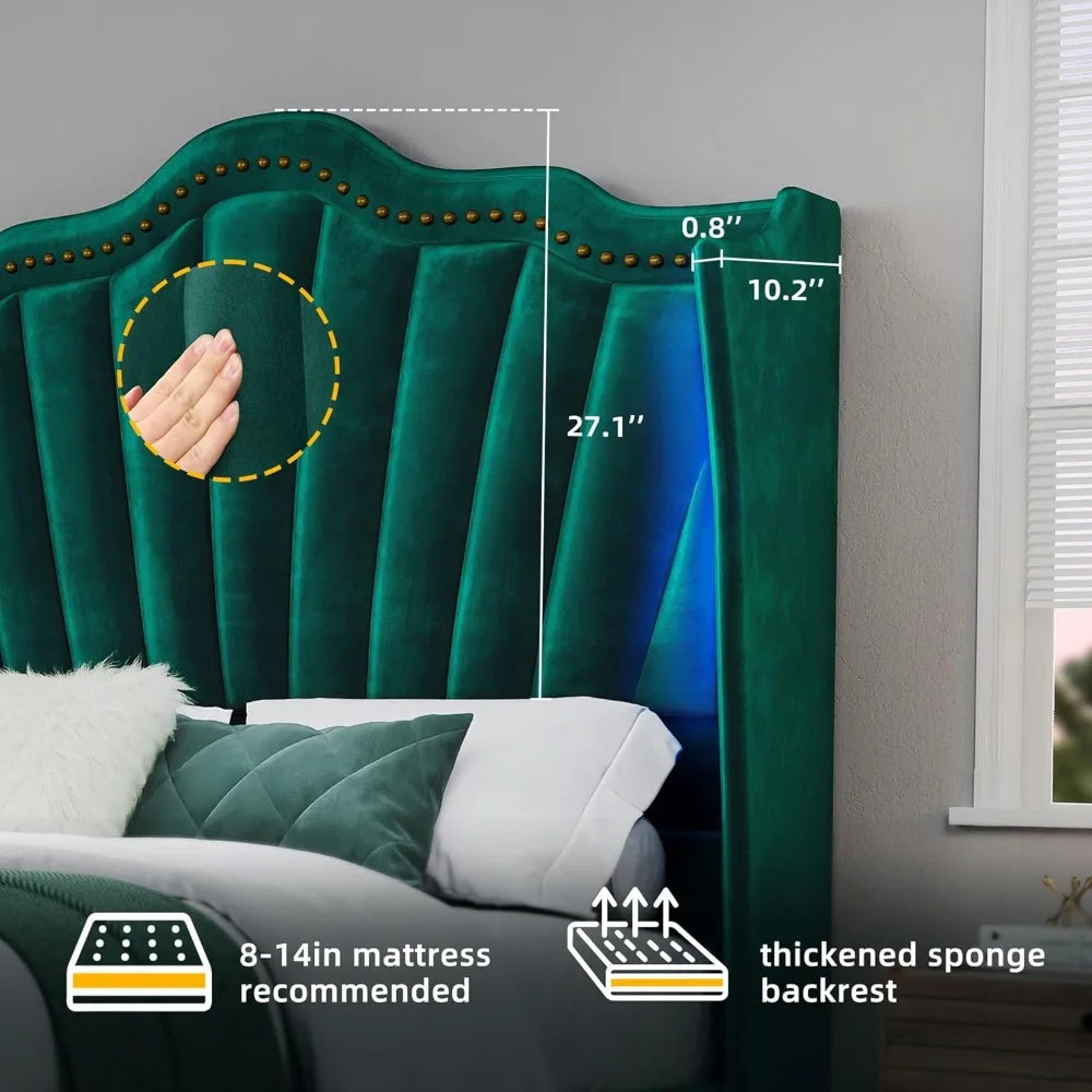 YITAHOME Queen Size Platform Bed Frame with 60" Tall Wingback Headboard and Footboard, Velvet Upholstered Bed with LED Light, So