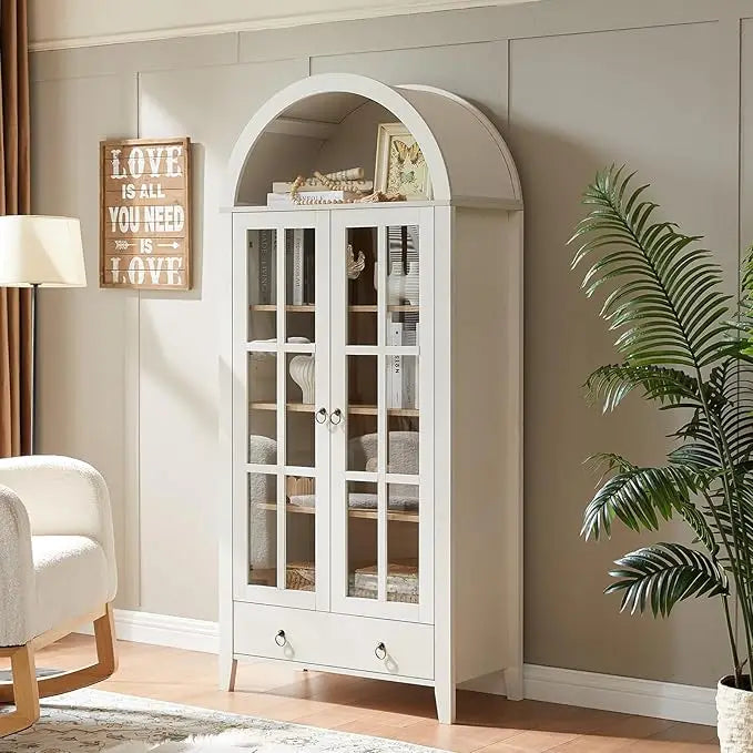 71" Arched Bookcase (5-Tier) - Farmhouse Style w/ Glass Doors, for Living Room/Office/Kitchen