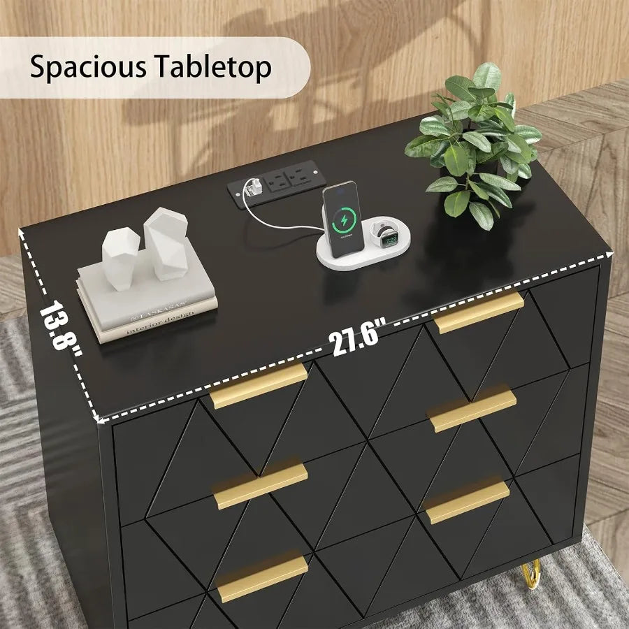 3 Drawer Wide Nightstand with Charging Station 27.6 Inch Wood Nightstand Black Dresser with Storage Drawers Bedside Table with