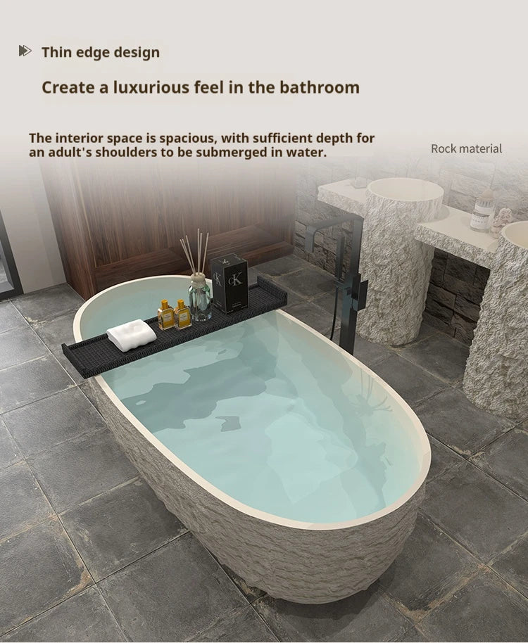 "Luxury Wabi Sabi Stone Texture Bathtub -Handmade One-Piece Artificial Rock Freestanding Tub, Artistic Bath for Home & B&B"