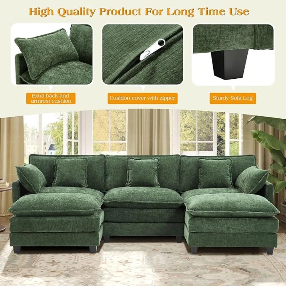 Luxury 113.4" U-Shaped Modular Sofa – 3-Seater Modern Chenille Sectional with Deep Seating, Comfy Living Room Couch