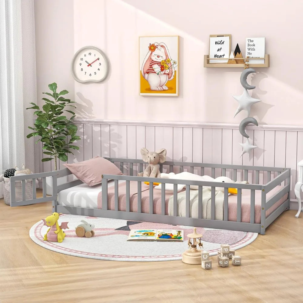 Giantex Twin Floor Bed with Door & Fence, Kids Wood Montessori Bed with Safety Guardrails, Floor Bed Frame for Kids, Boys, Girls