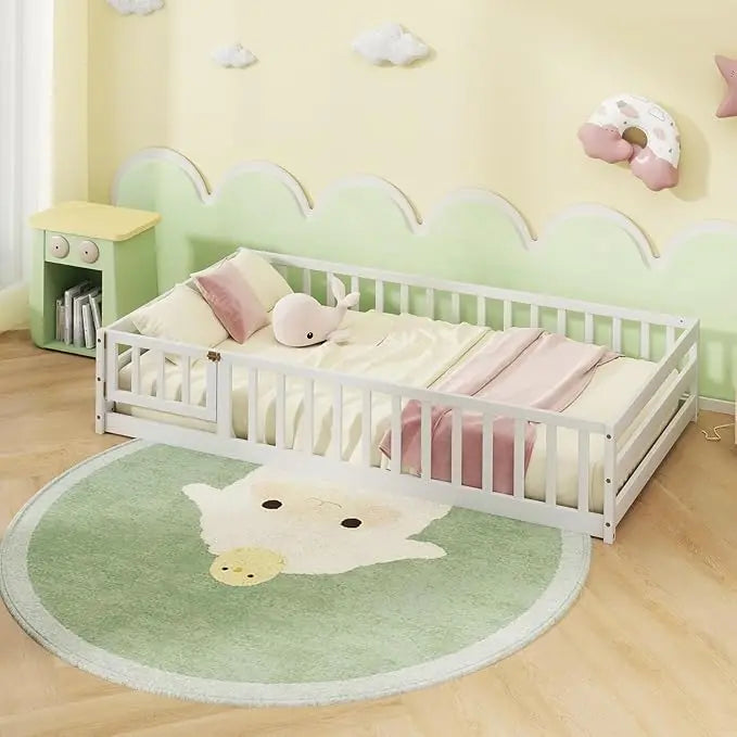Giantex Twin Floor Bed with Door & Fence, Kids Wood Montessori Bed with Safety Guardrails, Floor Bed Frame for Kids, Boys, Girls