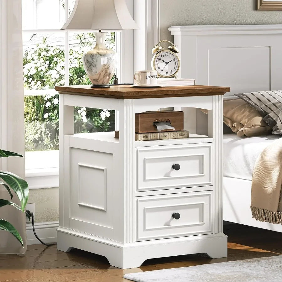 Large farmhousestyle end table with integrated charging station featuring drawers and open shelf for enhanced storage ideal for