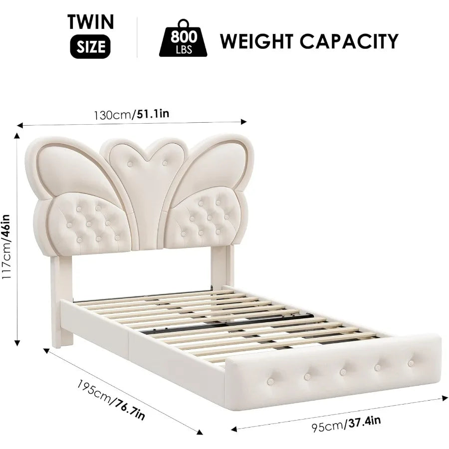 Twin Bed Frame ButterflyPattern Upholstered Headboard Modern Floating Bed with LED Lights Button Tufted on Headboard and Footbo