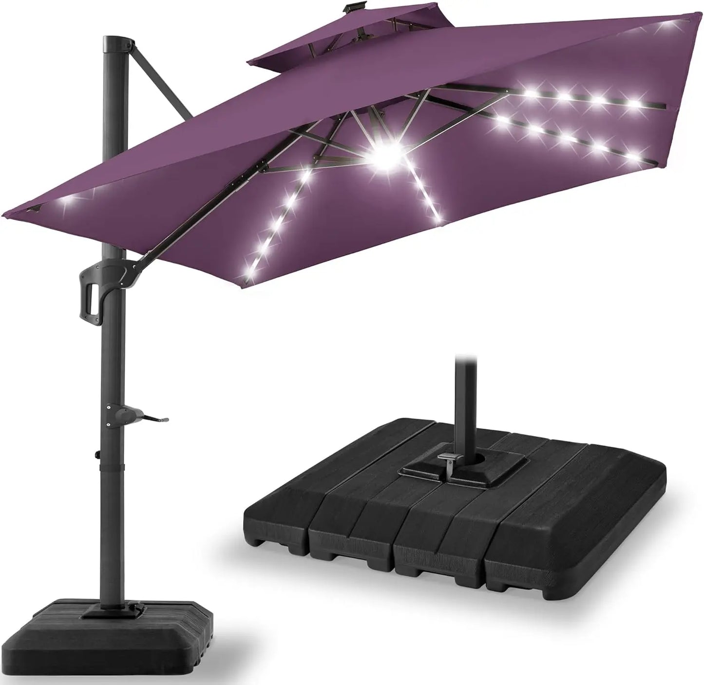 10x10ft Cantilever Patio Umbrella, w/Base Included, Solar LED Lights 360 Rotation Large Offset Hanging Outdoor Shade w/Stand