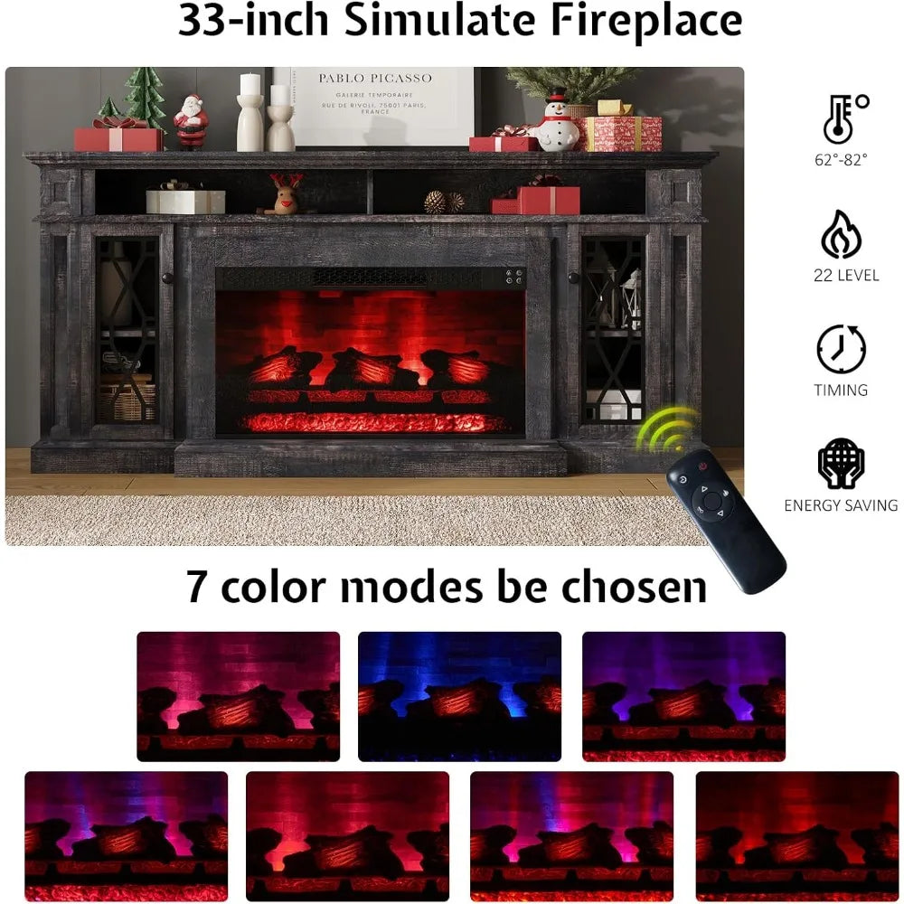 70" Fireplace TV Stand for TVs up to 80", TV Console with 33" Electric Fireplace,Modern TV Console with Storage Cabinet