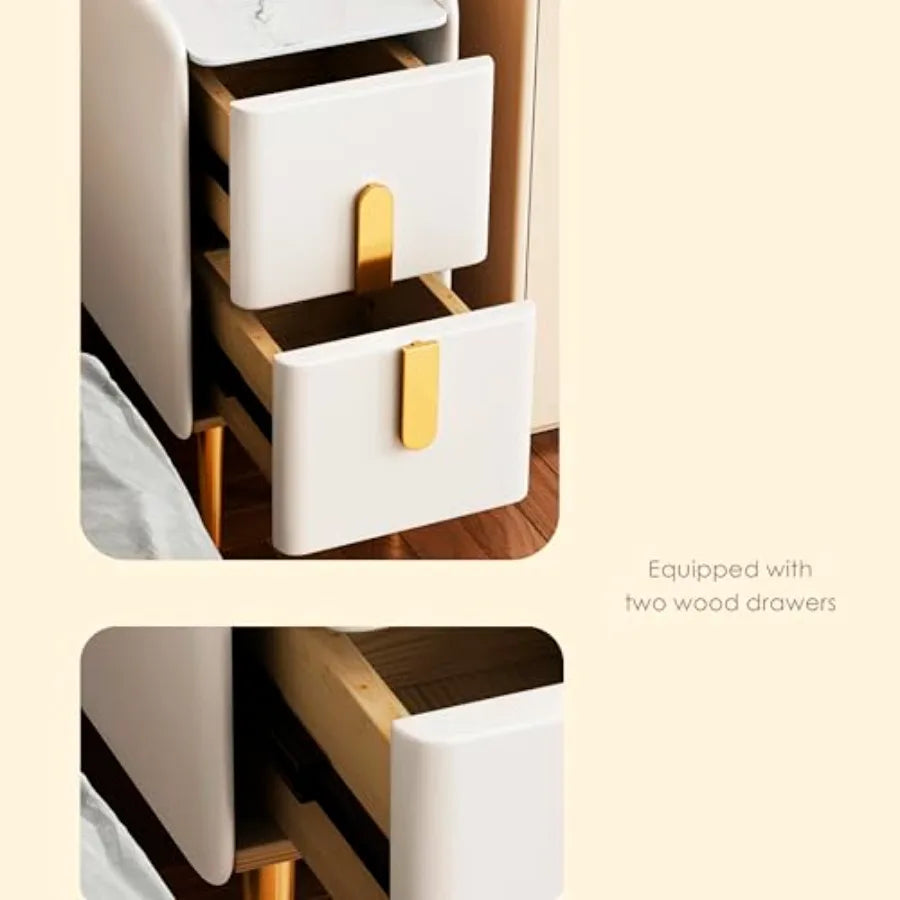 Modern rrow Nightstand Slim Skinny White Nightstand with 2 Drawers for Bedroom Small End Bedside Table Textured Faux Leather Ma