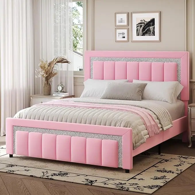 Queen Bed Frame with Headboard and Footboard and Footboard, Velvet Upholstered Platform Bed Frame with Diamond Design, No Box Sp